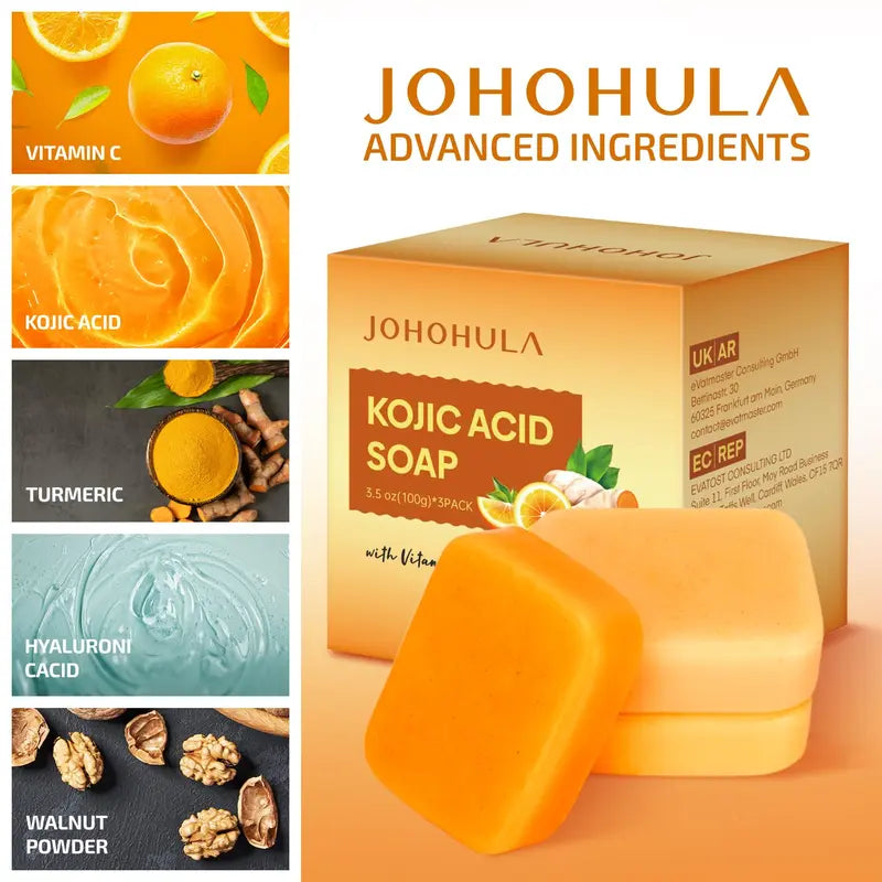 Johohula Turmeric Kojic Acid Soap, Dark Spot Corrector Soap Bars with Vitamin C, Retinol, Collagen, Turmeric - Smooth for Face and Body, Firm and Smooth Skin - 3 X 100G Bars