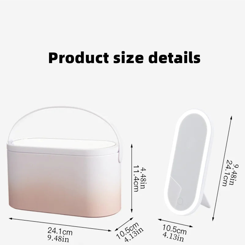 Makeup Organizer Box with LED Light Mirror Portable Travel Makeup Cosmetics Organizer Touch Light Storage Makeup Case